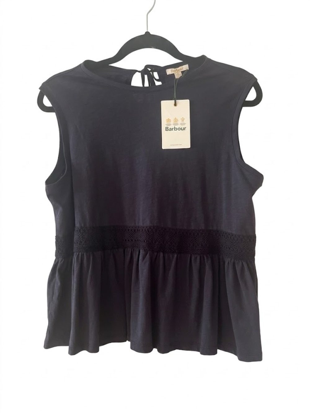 Barbour Navy Blue Willow Tank Top Peplum Crochet Trim Cotton size 8 New w Tags